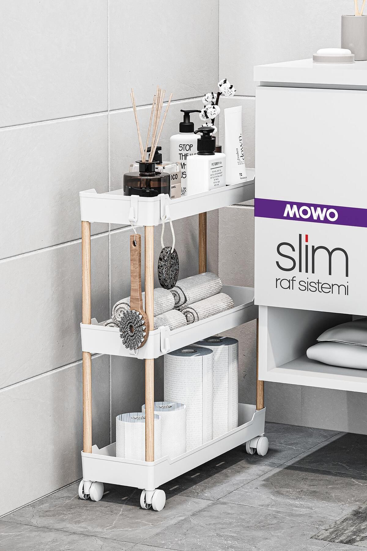 Slim 3 Katlı Tekerlekli Raf Ünitesi Beyaz, Ahşap Bacaklı, Banyo Rafı, Mutfak-Banyo Düzenleyici