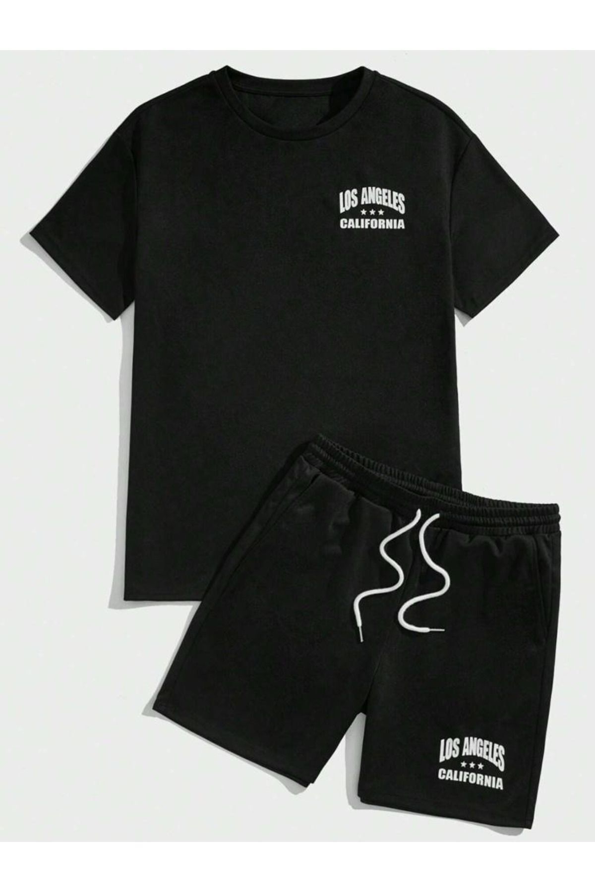 Mythologie Los Angeles Yıldız T-shirt Penye Şort - Siyah Şort Tişört Takım Baskılı Oversize Bisiklet Yaka