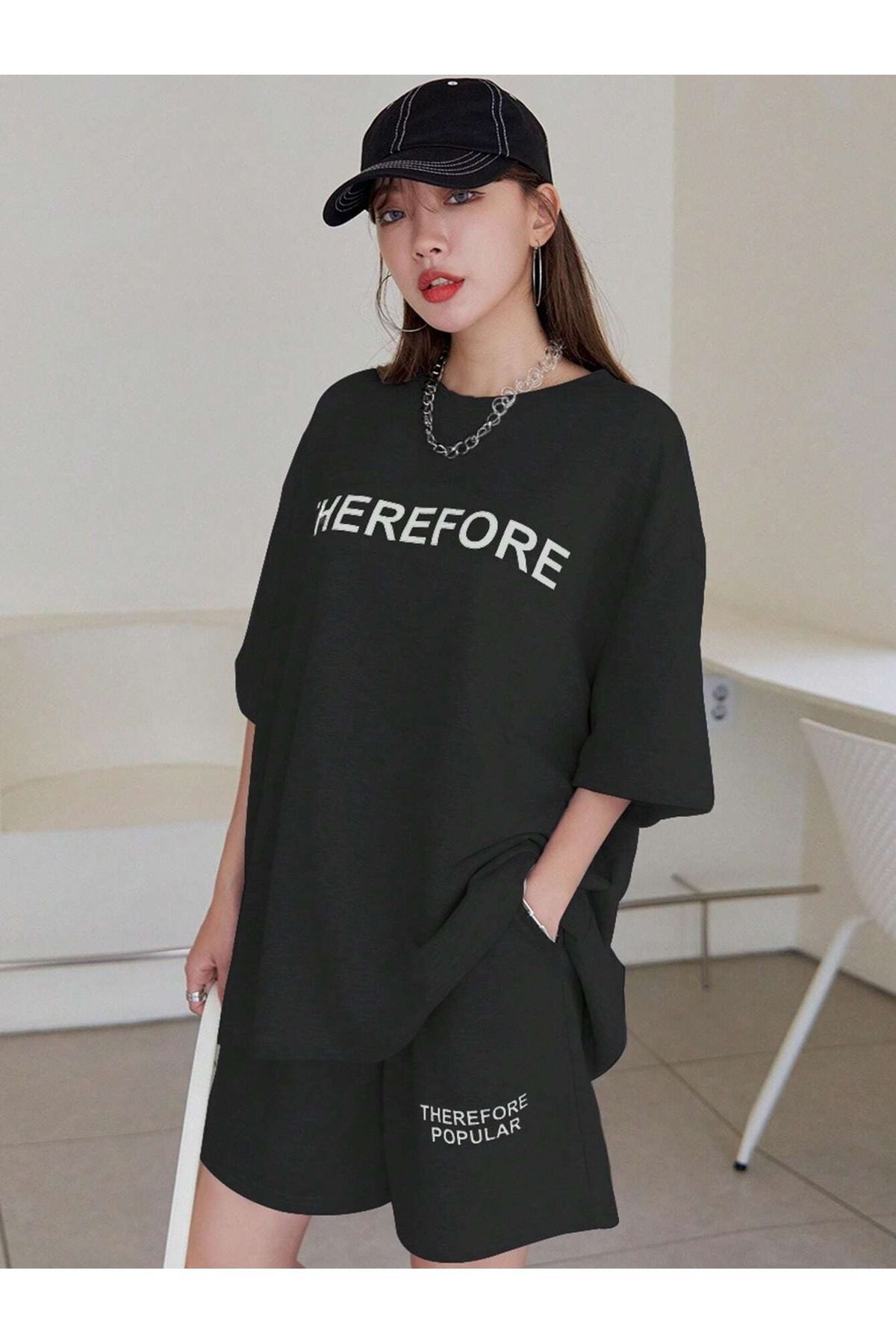Mythologie Therefore T-Shirt Penye Şort - Siyah Alt Üst Takım Baskılı Oversize Bisiklet Yaka