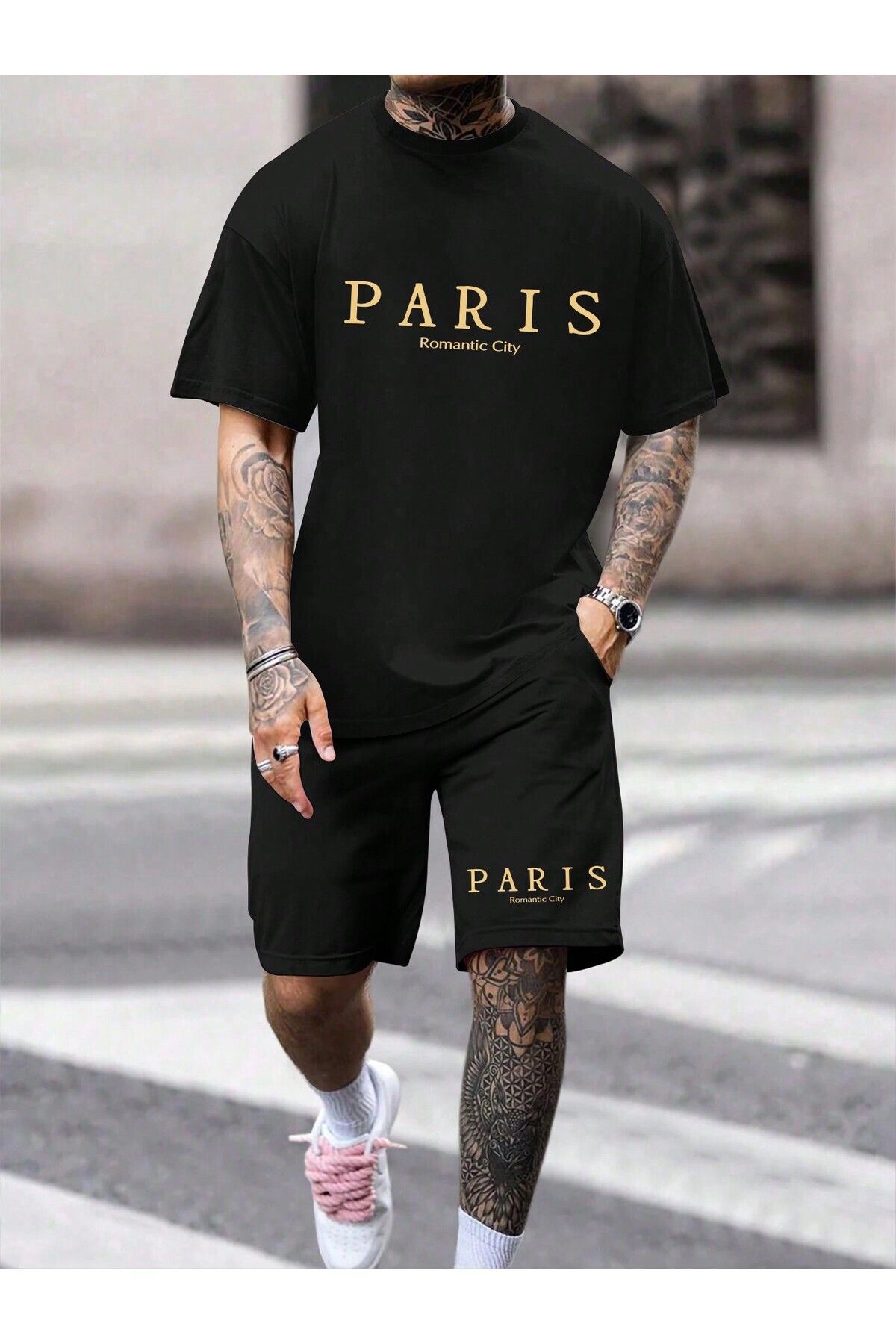 Mythologie Paris Romantic T-shirt Penye Şort - Siyah Şort Tişört Takım Baskılı Oversize Bisiklet Yaka