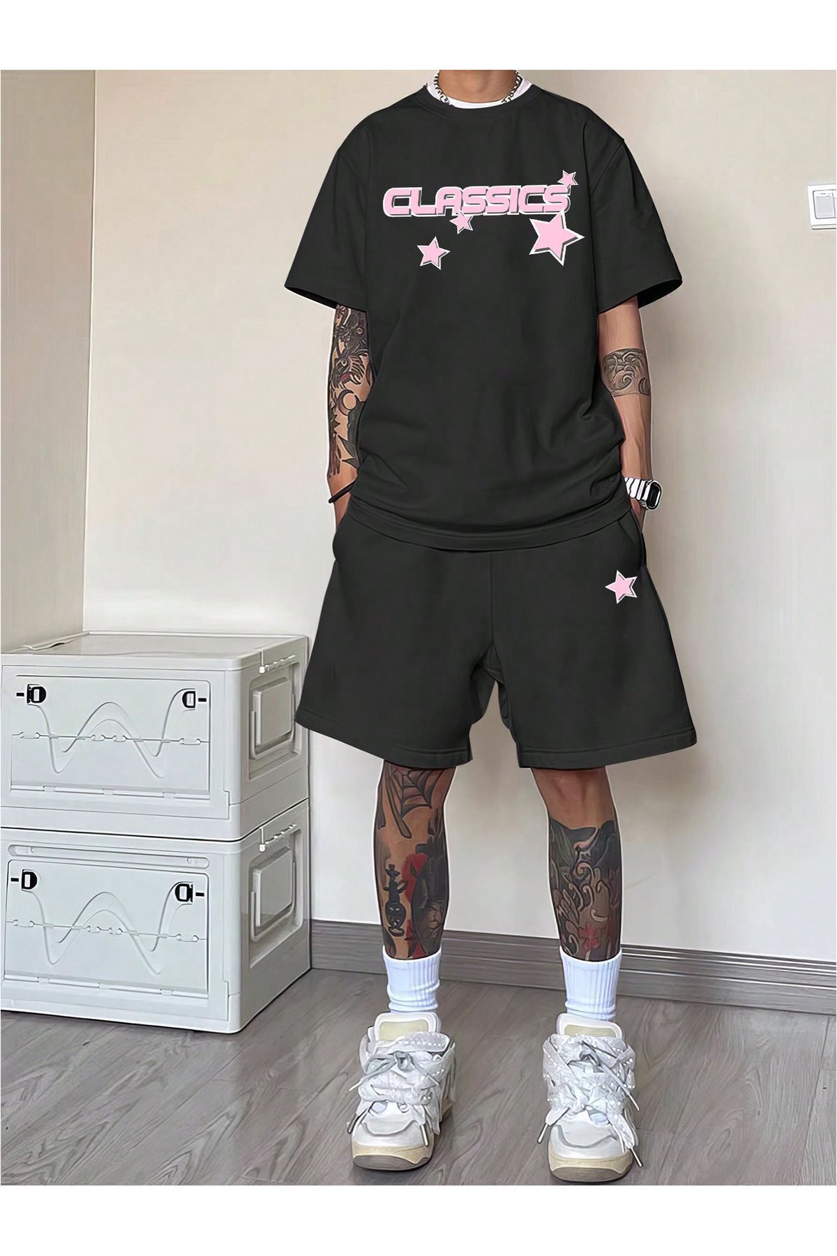 Trendglow Classics Yıldız T-Shirt Penye Şort - Siyah Alt Üst Takım Baskılı Oversize Bisiklet Yaka