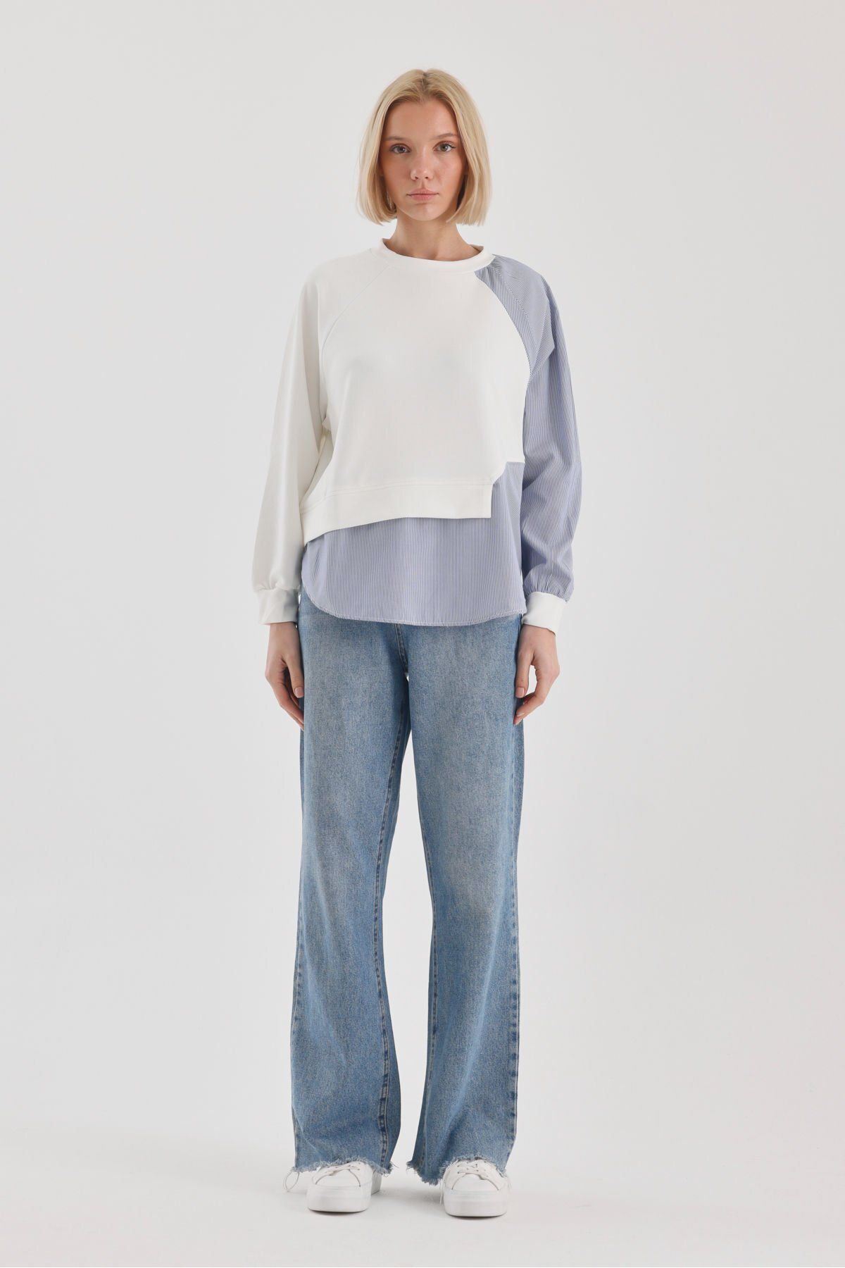 soBasic-Casual Style Block Pattern Crew Neck Raglan μανίκι φούτερ-S - Λευκό 3