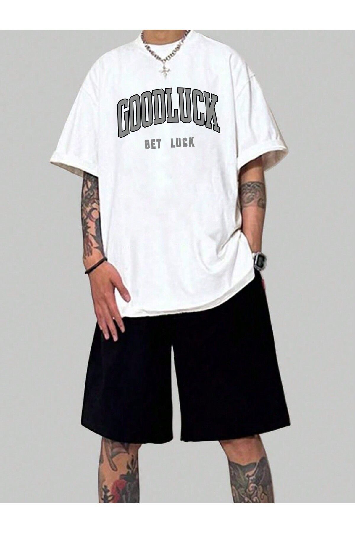 Mythologie Good Luck T-Shirt Penye Şort - Beyaz Siyah Alt Üst Takım Baskılı Oversize Bisiklet Yaka