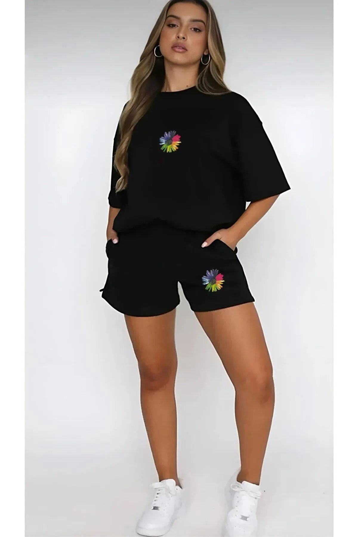 Mythologie Çok Renkli Papatya T-shirt Penye Şort - Siyah Şort Tişört Takım Baskılı Oversize Bisiklet Yaka