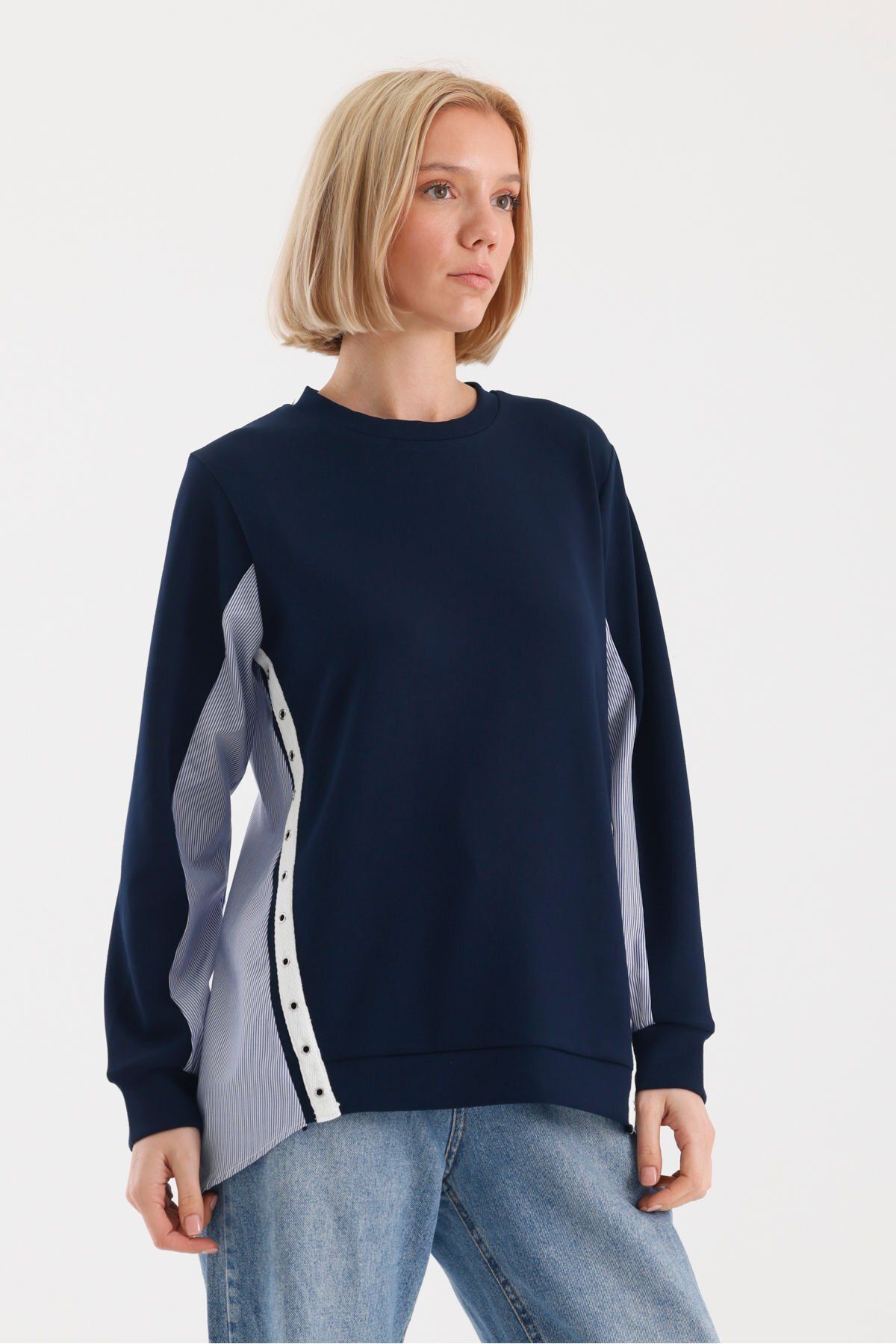 soBasic-Μπλε Navy Relaxed Sweatshirt - Casual Style, Color Block, Ύφασμα Poplin, Bird Eye Detail - M 7