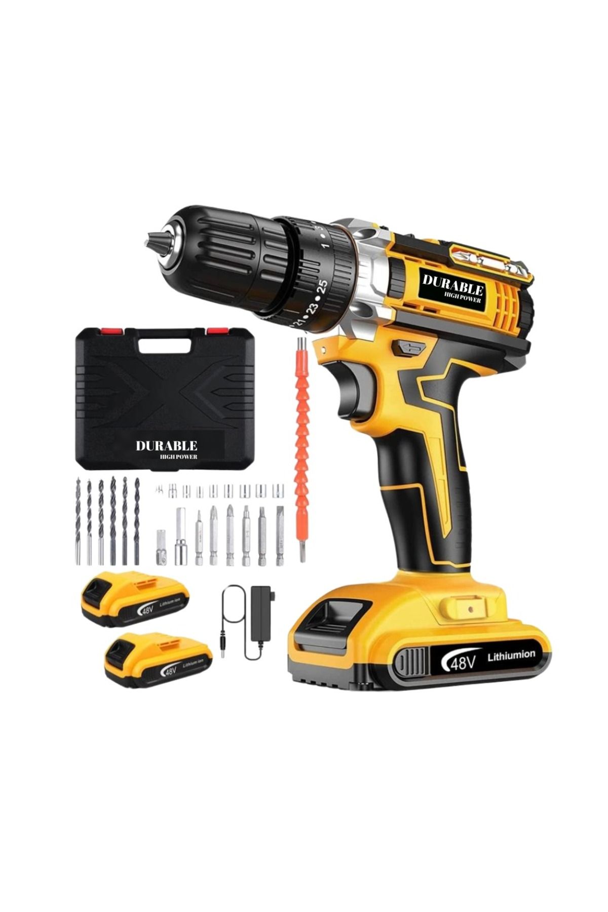 BK HIRDAVAT DURABLE Yellow E-1537 Lion 2 Akülü Metal Şanzıman Turbo Şarjlı Matkap Vidalama 32 PARÇA