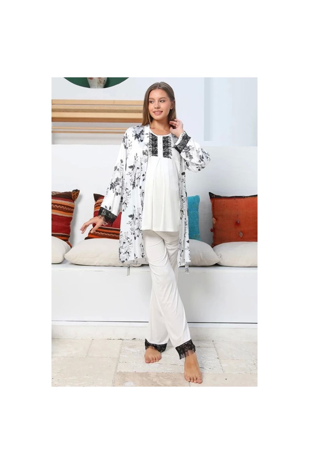BEEMU Mommysh 55711 Kadın Lohusa Saten Sabahlıklı Pijama Takımı