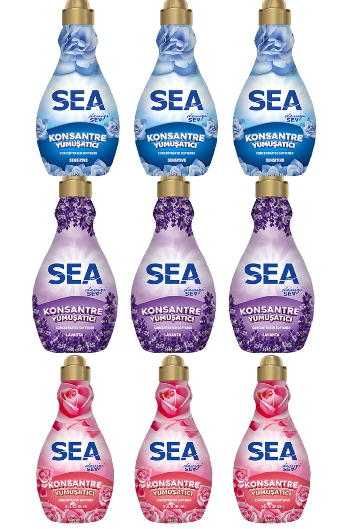 Sea Konsantre Yumuşatıcı Gül & Sensitiv & Lavanta 1440 ml * 9 Adet Avantaj Paketi