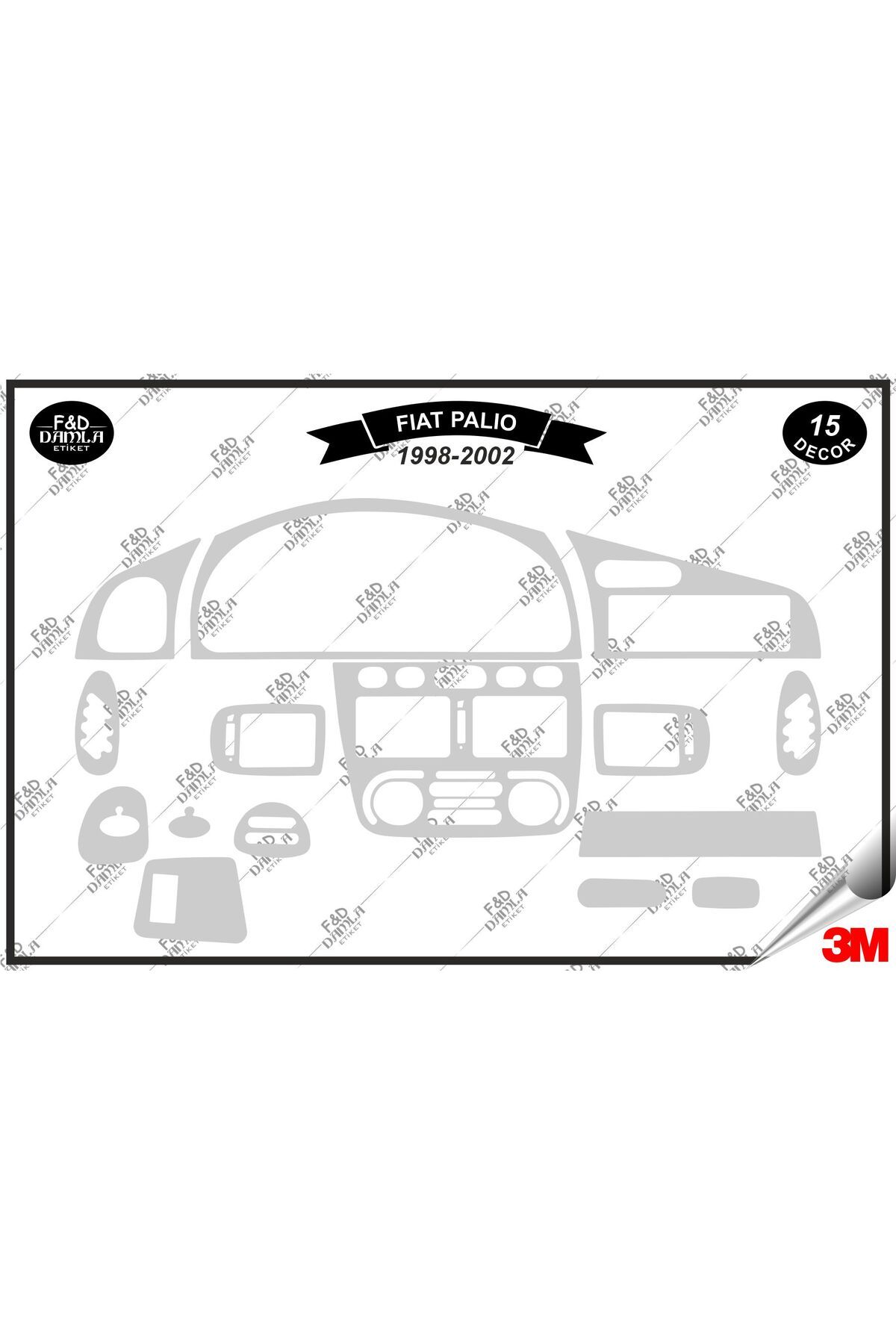 FD Damla Etiket-Για Fiat Palio 1998-2002 Κονσόλα Γκαμπάνιας Διακοσμητικό Σετ μαόνι με επένδυση 15 τεμαχίων ασημί 1