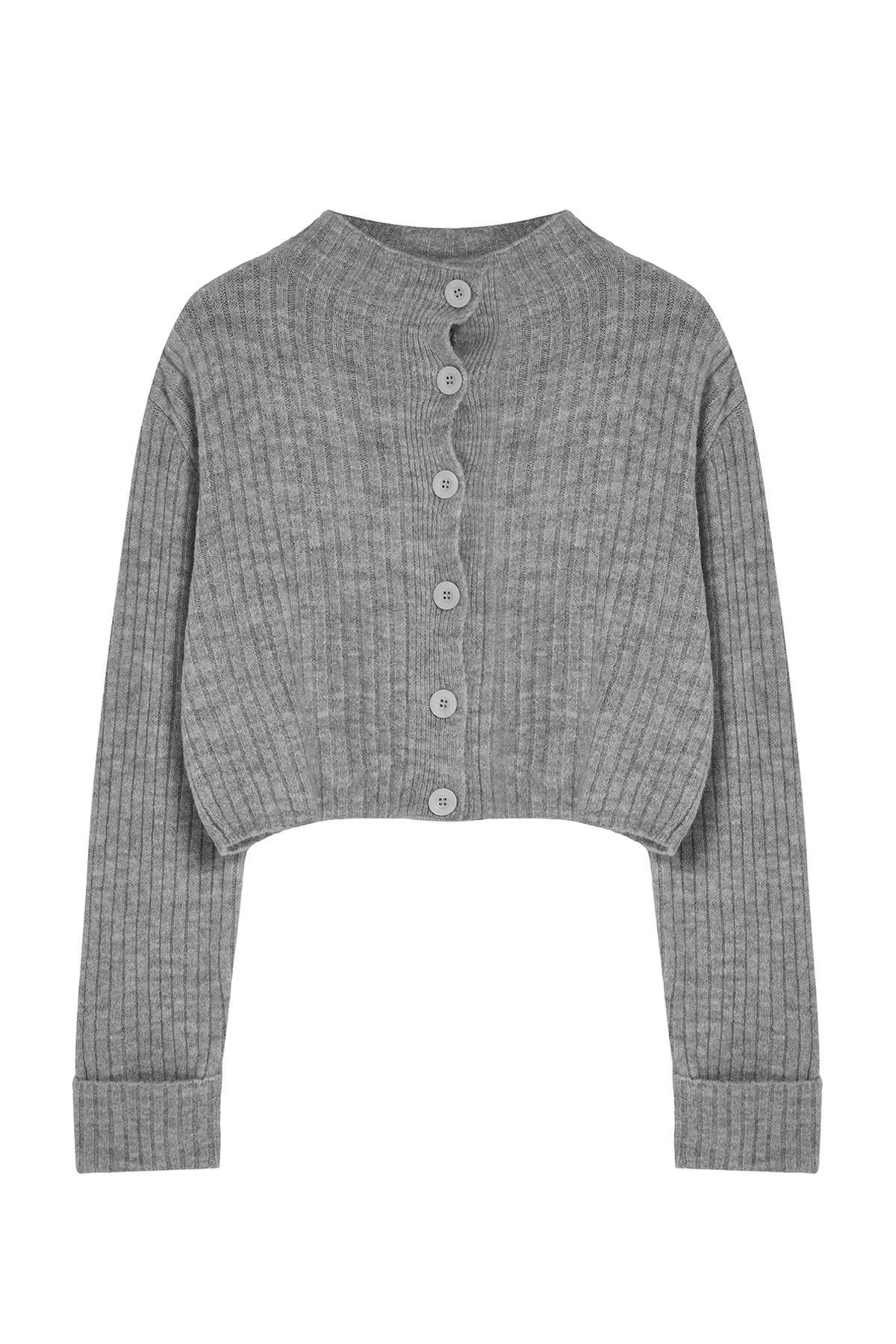 Trendyolmilla  Koyu Gri Crop Yumuşak Dokulu Dik Yaka Triko Hırka TWOAW22HI0174 - Görsel 6