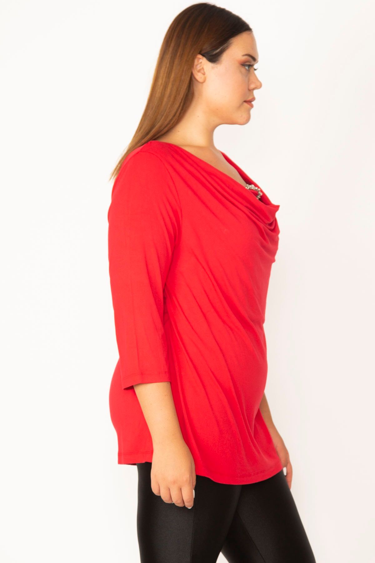 Şans-Women's Large Size Red Low Collar Stone Detailed Capri Sleeve Blouse 65n27527 3