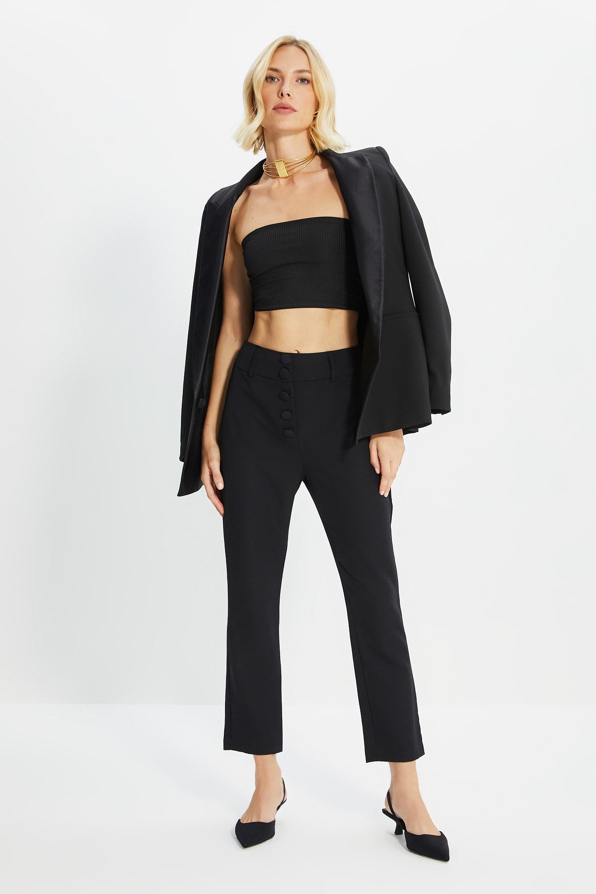 Trendyol Collection-Pantaloni negri țesuți cu picioare largi TWOSS19WX0086 6
