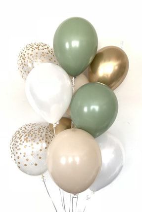 Retro Küf Yeşili Adaçayı Deniz Kumu Metalik Beyaz Krom Gold Şeffaf Konfetili Balon Seti TRND-30241