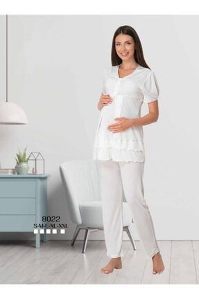 Kadın Beyaz Kısa Kollu Geniş Yumuşacık Lohusa Hamile Pijama Takımı LEF8022