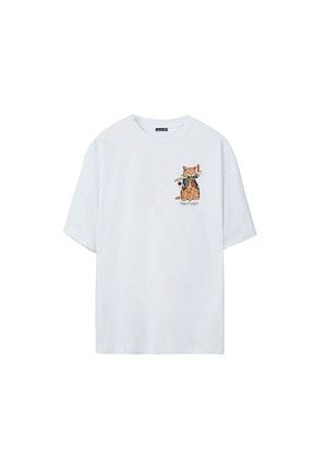 Unisex Samuray Cat Baskılı Beyaz Oversize Tshirt SMRC1745
