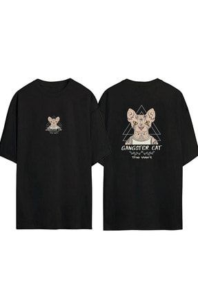 Unisex Gangster Cat Siyah Oversize Tshirt 5GF1D66SDS