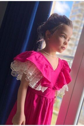 Kız Çocuk Elbise-kolları Dantel Elbise- Dantel Kız Çocuk Elbise-dantel Elbise-tokalı Elbise DG7412