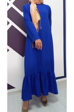 Saks Mavisi Etek Ucu Fırfırlı Elbise DK8690946