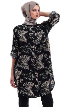 Desenli Geniş Kol Şık Tesettür Gömlek Elbise Kol Katlamalı ARYA-0122Siyah