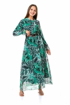 Kadın Çiçek Desenli Maxi Boy Kemerli Şifon Elbise SMQ110226