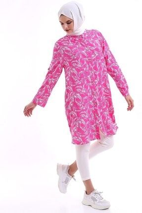 Desenli Geniş Kol Tesettür Gömlek Tunik Elbise ARYA-0122Pembe-Beyaz
