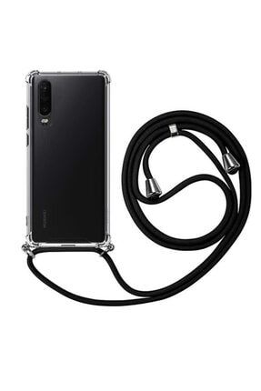 Huawei P30 Uyumlu Siyah Boyun Askılı Ipli Şeffaf Silikon Kılıf RPEP30-MLY460