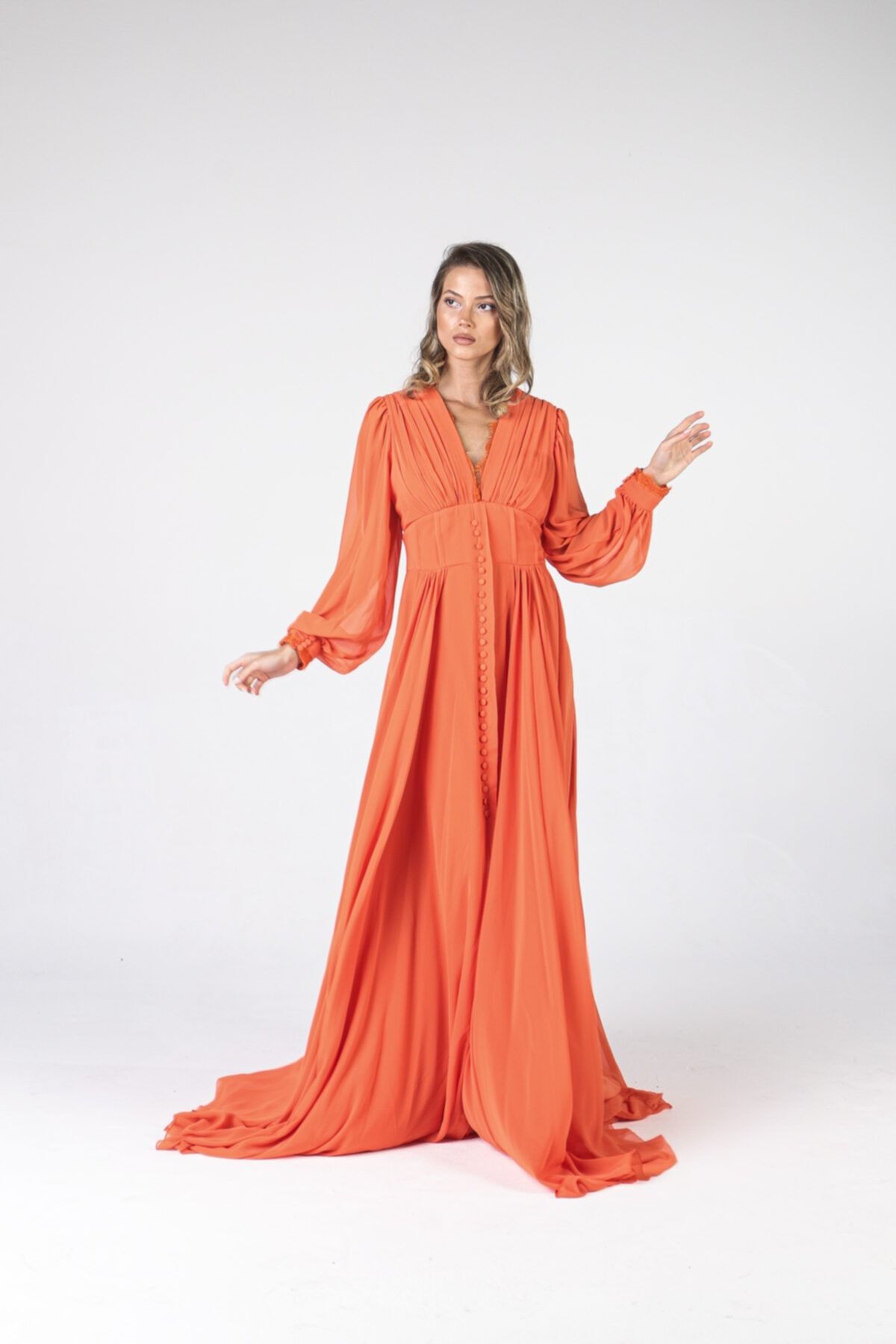 ALİS DRESS-Orange Chiffon Evening Dress - Long Sleeves and Buttons 2