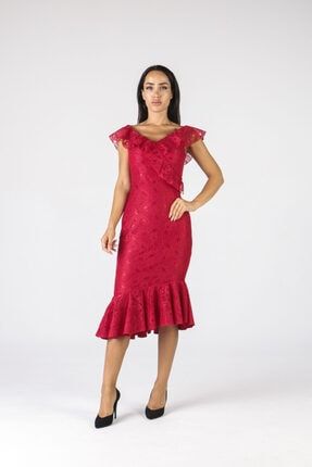 Kırmızı Omuzları Düşük Kısa Dantel Elbise TRİO-1598