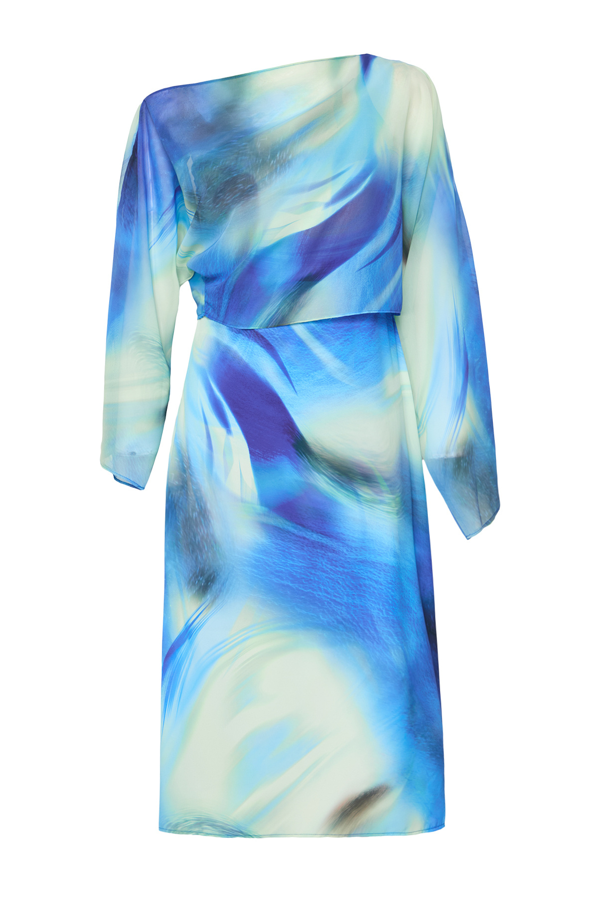 Trendyolmilla  Mavi Soyut Desenli Düz Kesim Pelerin Detaylı Maxi Astarlı Şifon Dokuma Elbise TWOSS25EL00014 - Görsel 6