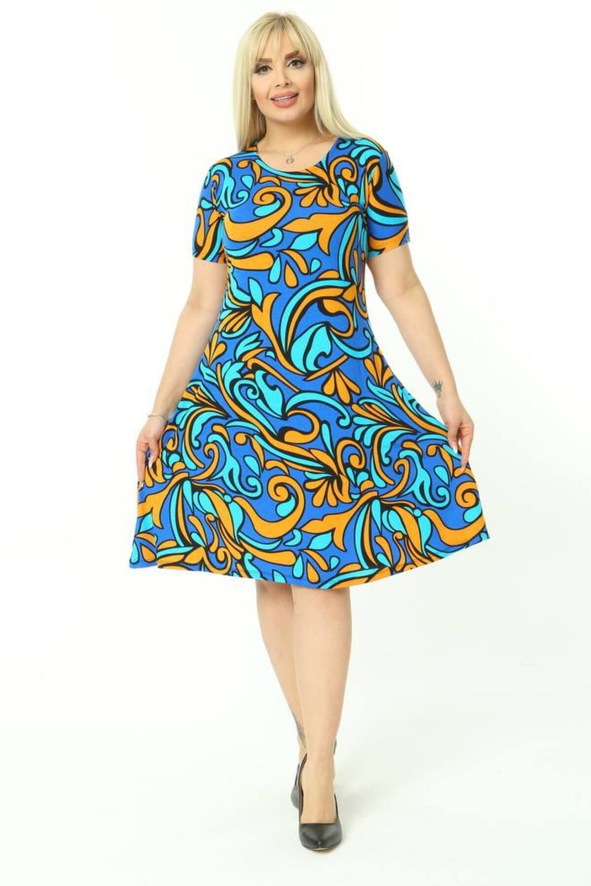 MELSAY-Women's Turquoise Plus Size Short Sleeve Tropical Pattern Knitted Midi Dress 3