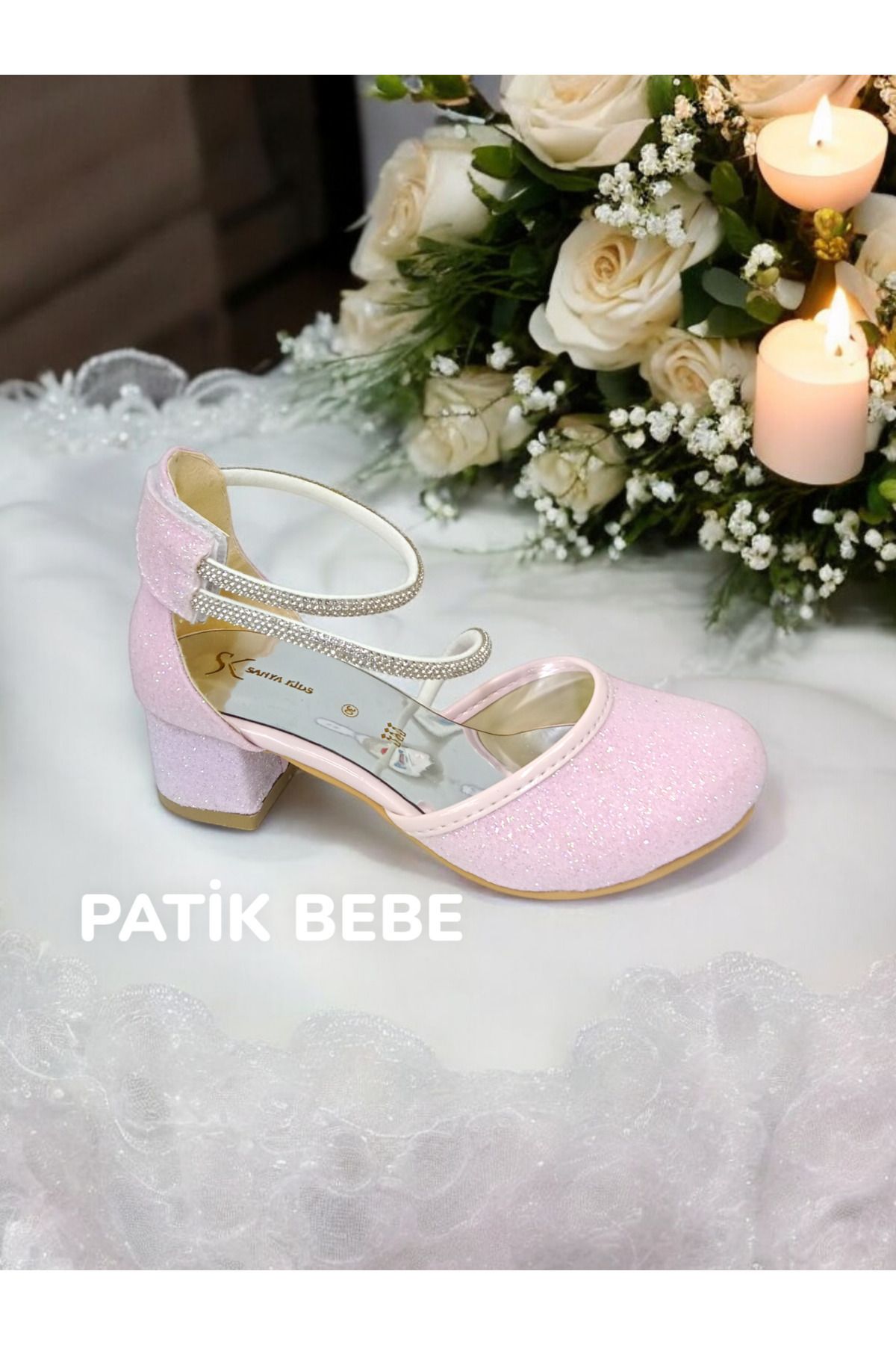 PATİK BEBE-Girl's Pink Color Heeled Stone Adhesive Cirted Evening Shoes 4