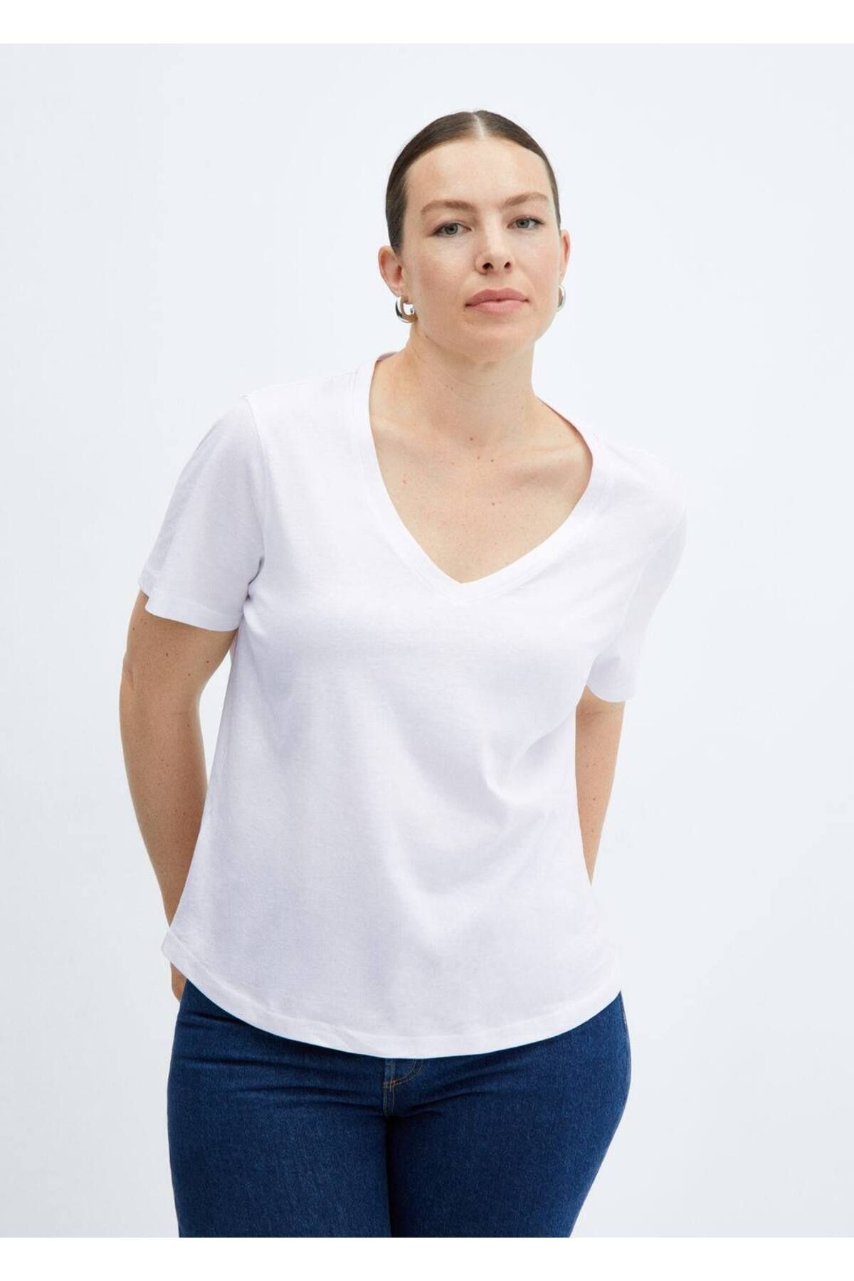 MANGO Woman-Tricou cu decolteu în V 100% bumbac 7