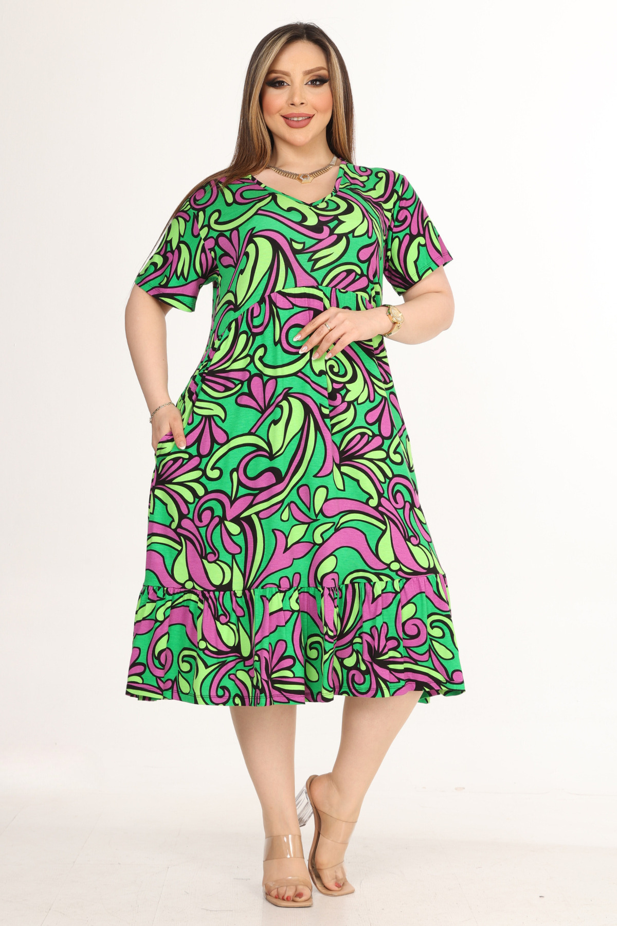 MELSAY-Women's Neon Green Jungle Pattern V-neck Short Sleeve Ruffle Robe Dress 5