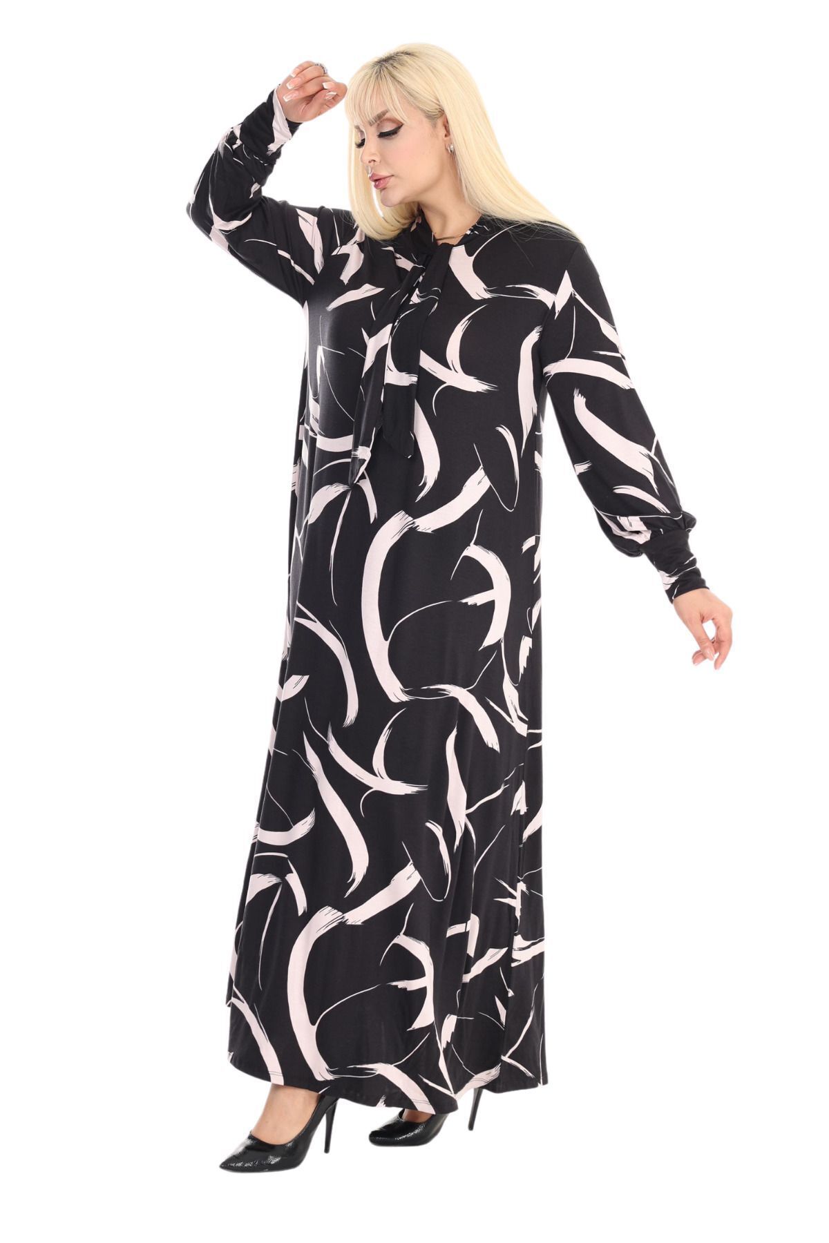 MELSAY-White Feather Patterned Hijab Dress - Long Sleeve and Halter Neck 4