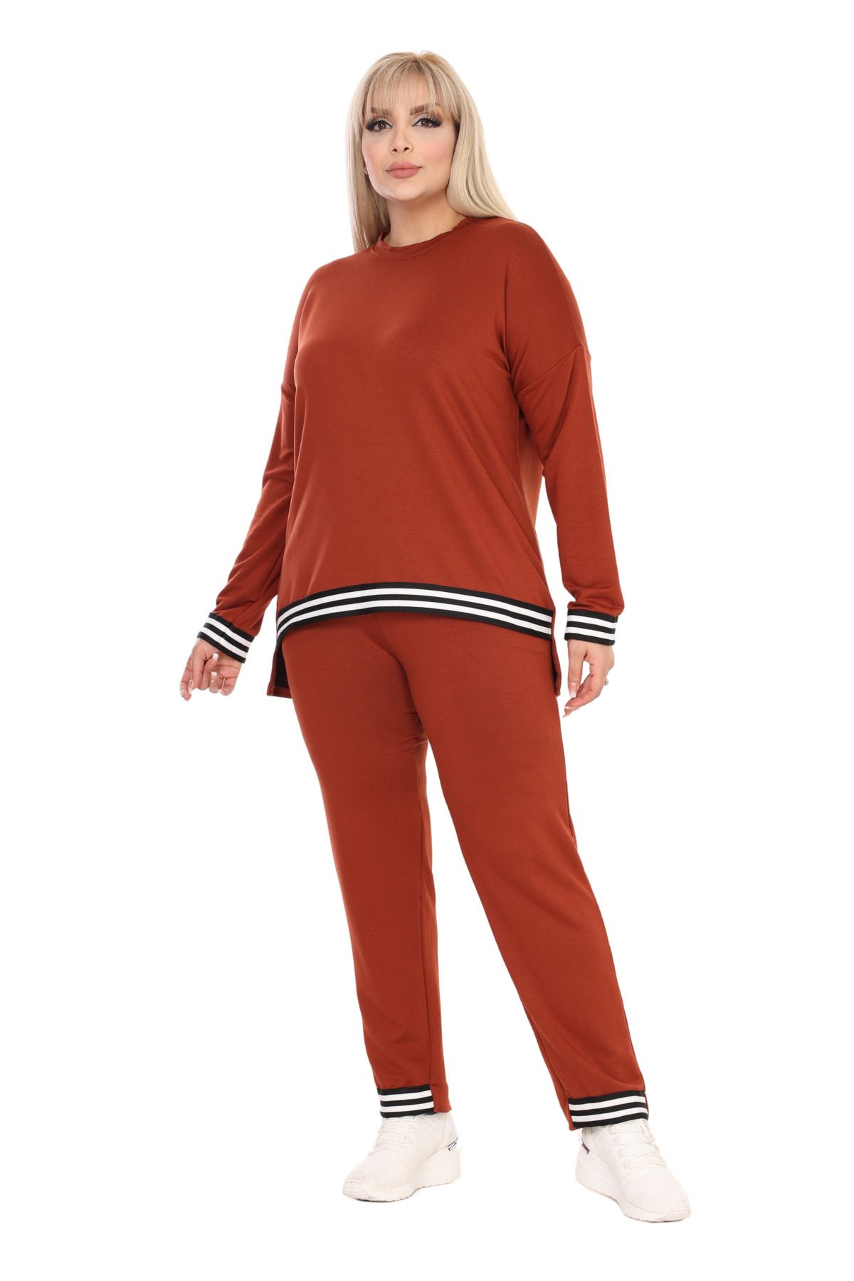 MELSAY-Women's Cinnamon Plus Size Crew Neck Stripe Detailed Long Sleeve Elastic Waist Tracksuit Set 4