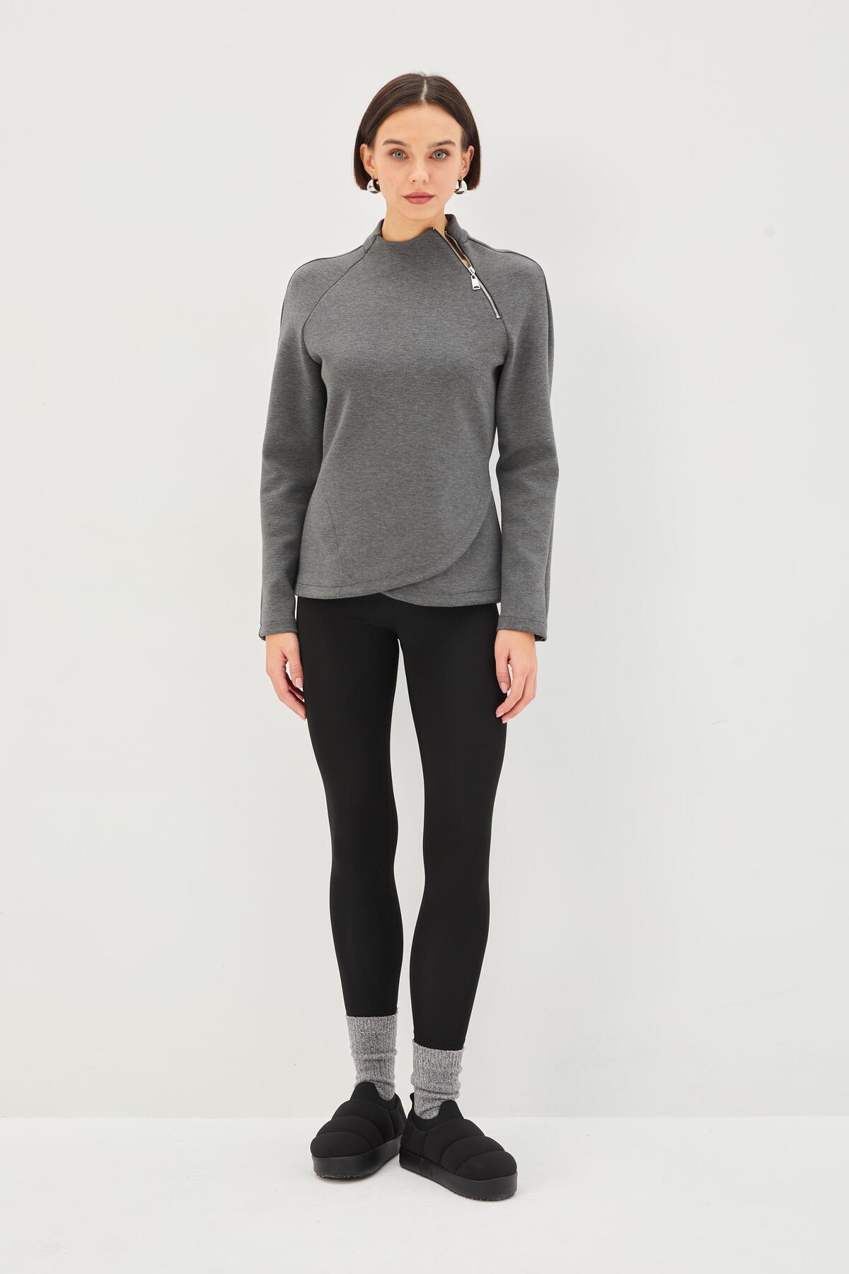 Allyco Scuba Kumaş Dik Yaka Fermuar Detaylı Antrasit Rahat Kalıp Örme Sweatshirt görsel 3