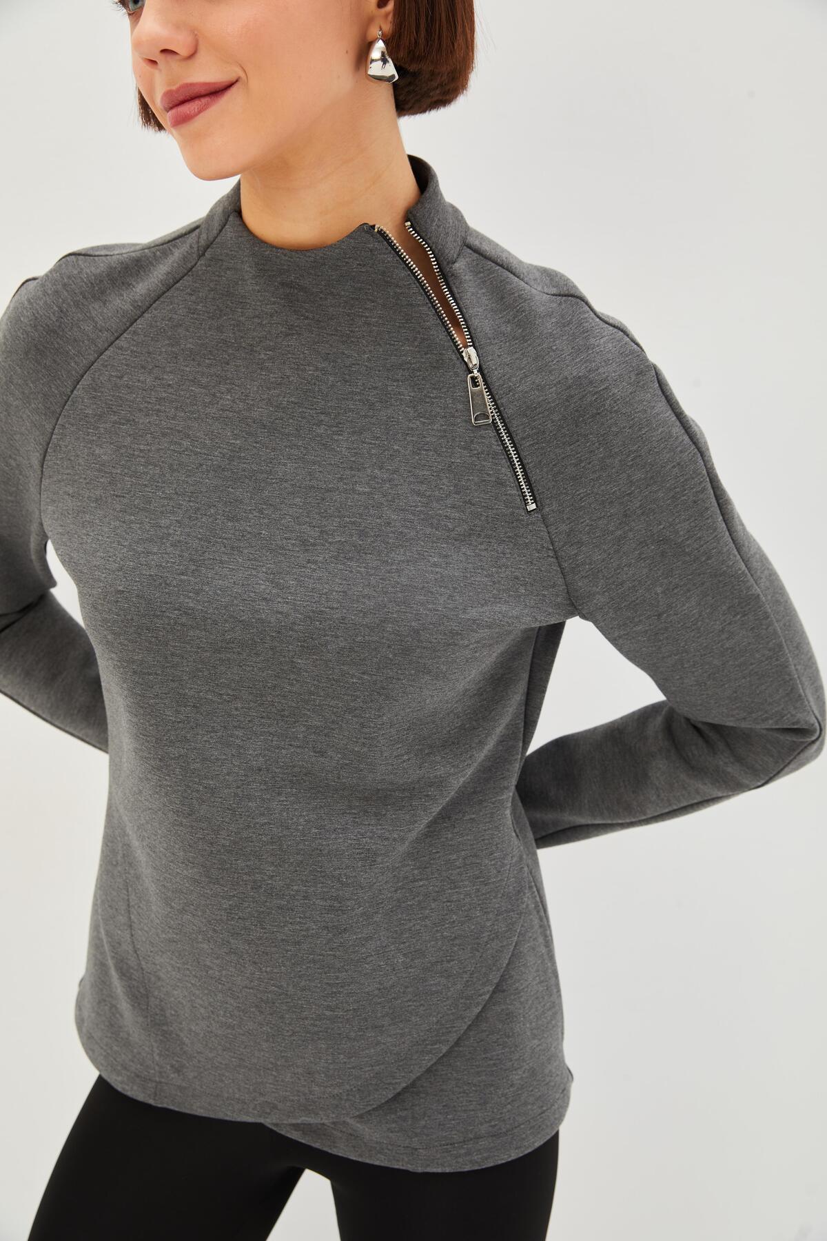 Allyco Scuba Kumaş Dik Yaka Fermuar Detaylı Antrasit Rahat Kalıp Örme Sweatshirt görsel 6