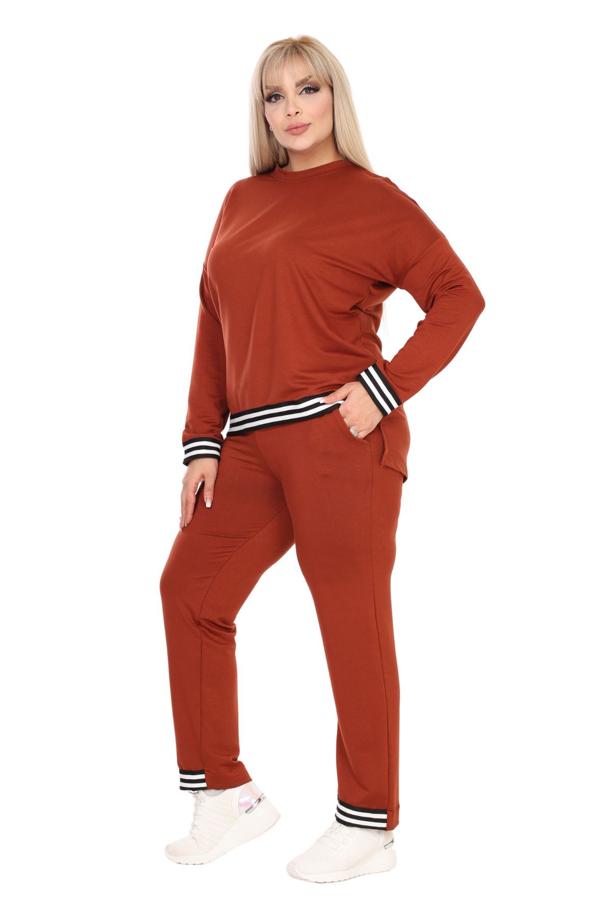 MELSAY-Women's Cinnamon Plus Size Crew Neck Stripe Detailed Long Sleeve Elastic Waist Tracksuit Set 2