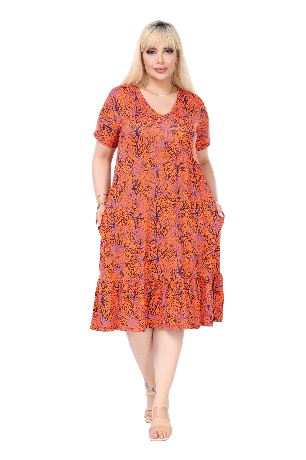 MELSAY-Orange Purple Coral Pattern - V-neck Ruffle Short Sleeve Women's Dress with Robe 1