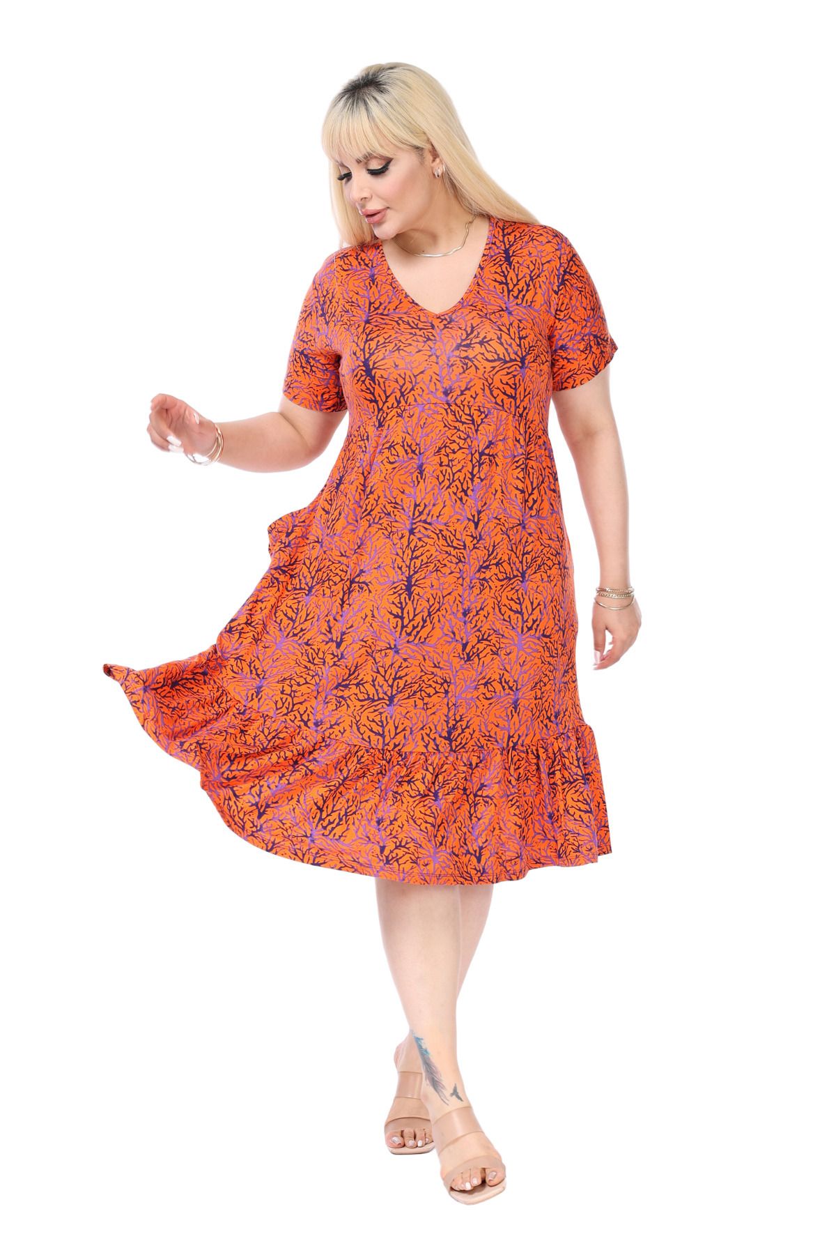 MELSAY-Orange Purple Coral Pattern - V-neck Ruffle Short Sleeve Women's Dress with Robe 5