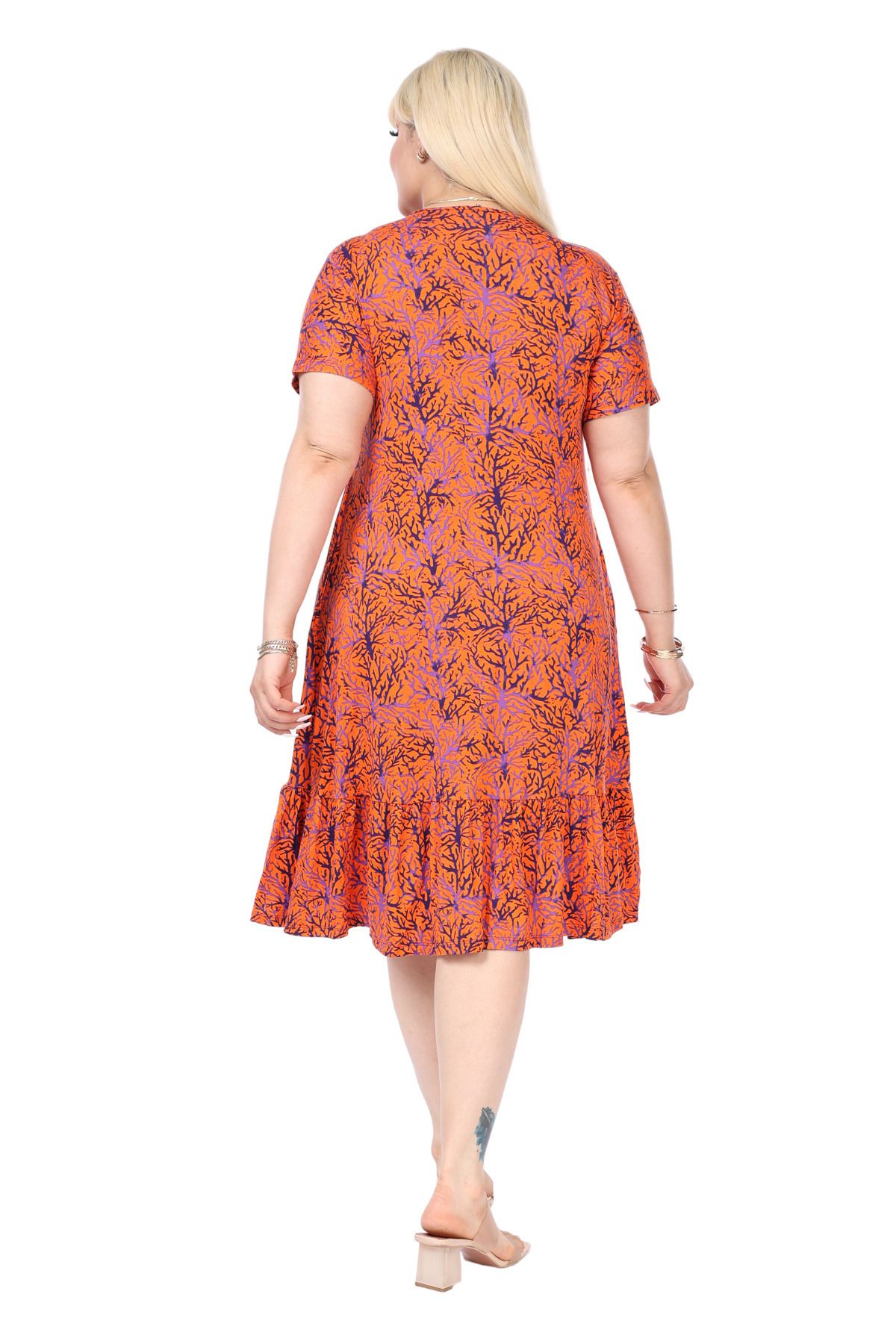 MELSAY-Orange Purple Coral Pattern - V-neck Ruffle Short Sleeve Women's Dress with Robe 3