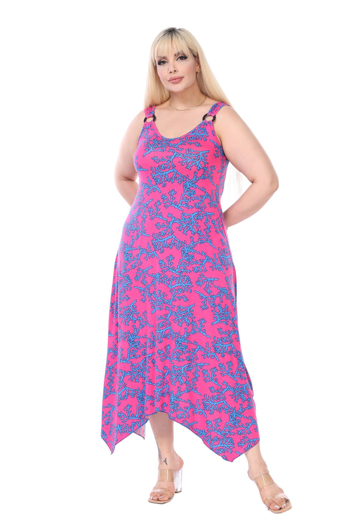 MELSAY-Pink Blue Coral and Buckle Patterned Women's Strap Dress 1