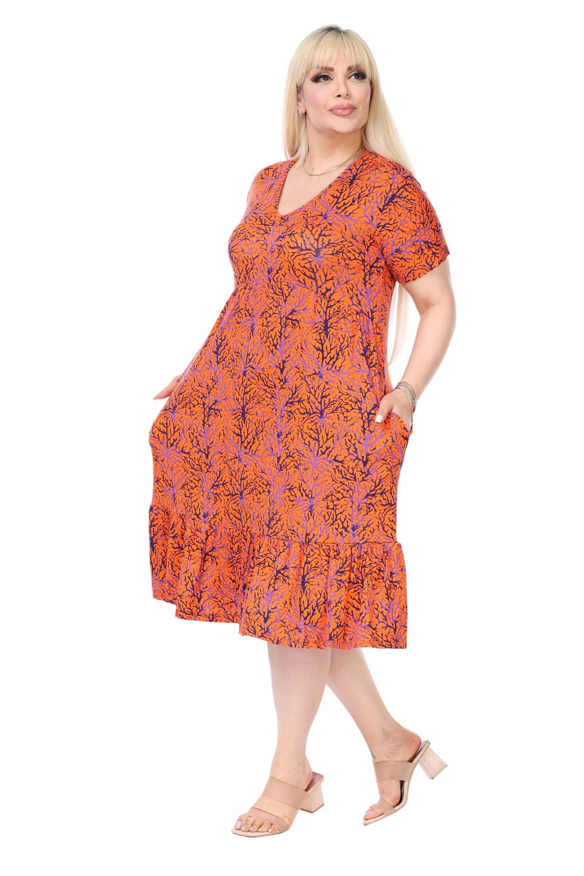 MELSAY-Orange Purple Coral Pattern - V-neck Ruffle Short Sleeve Women's Dress with Robe 6