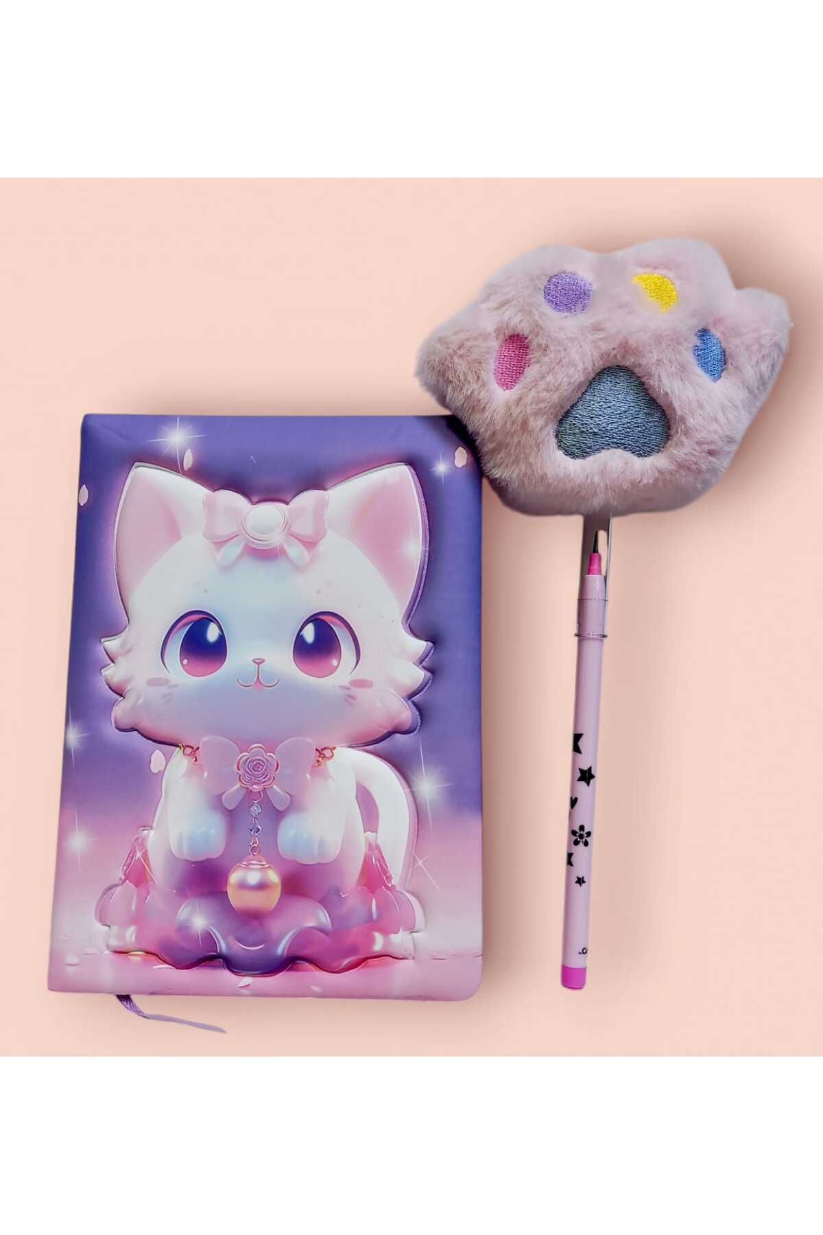 izmir yazici servis-Kitten Fancy Embossed 3D Printed Pufidik Memory Souvenir Notepad Set with Paw Pen Gift 3
