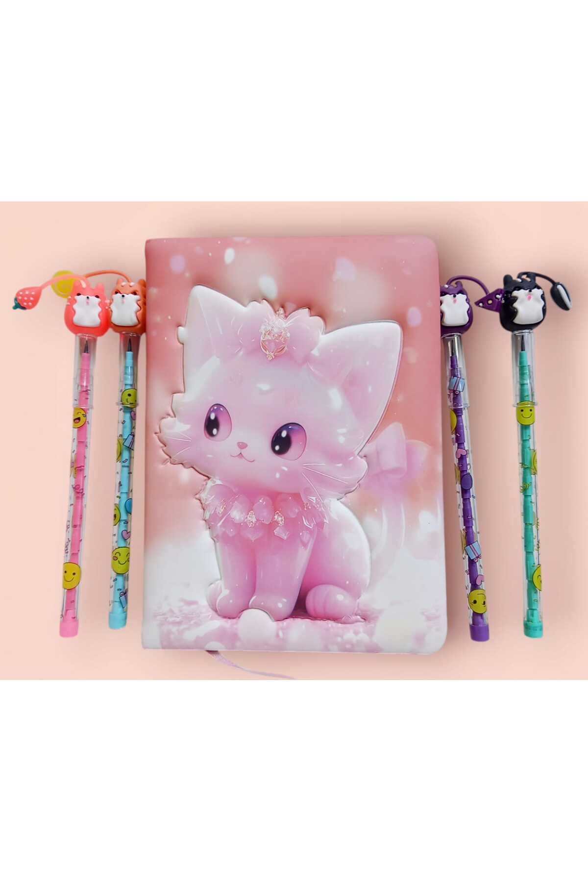 izmir yazici servis-Kitten Fancy Embossed 3D Printed Pufidik Memory Souvenir Notepad with 4 Egg Laying Pens as a Gift 3