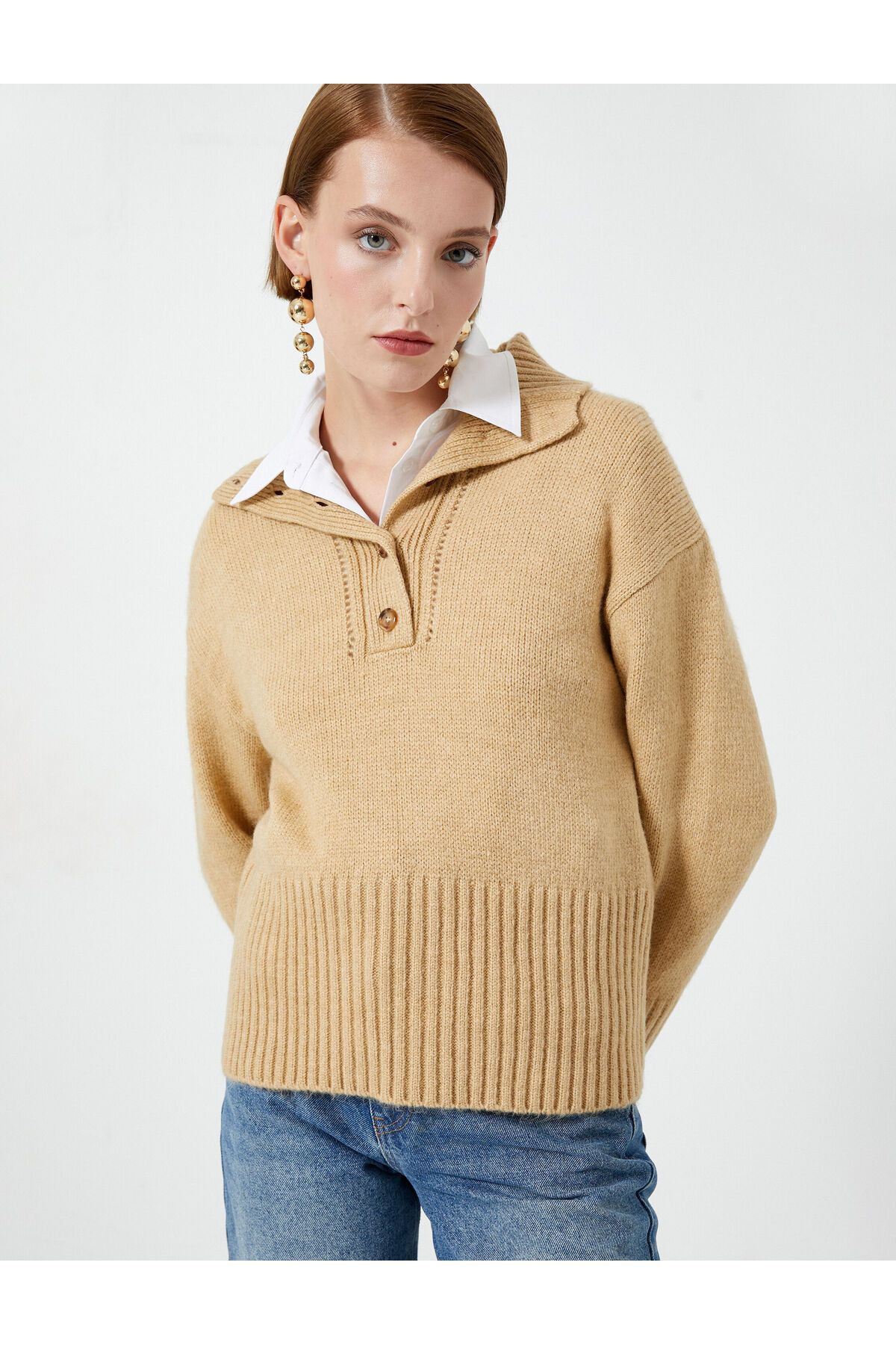 Koton-Knitwear Sweater - Polo Collar, Buttoned, Camisole, Long Sleeve 2