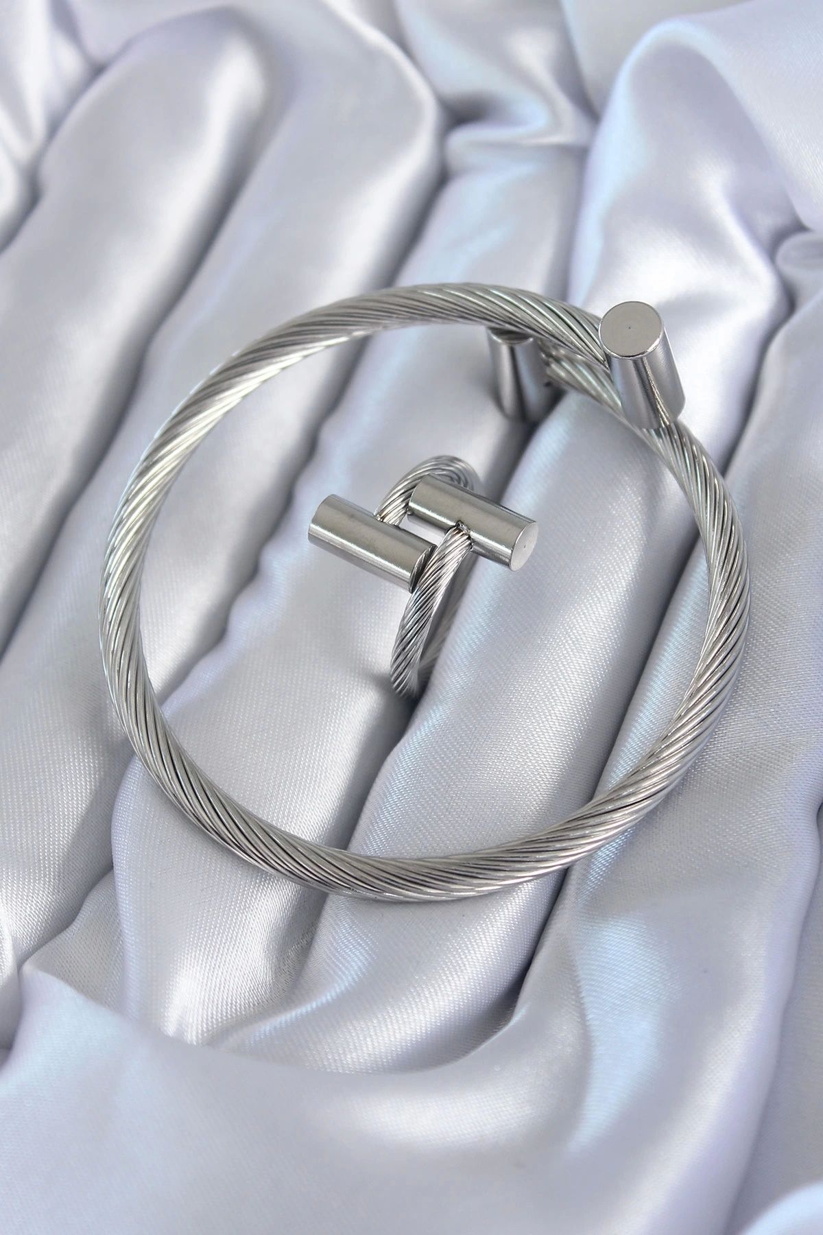 Eng-Men's Bracelet and Ring Combination - 316L Steel Silver Color, Spiral Model - TJ-EB3602 1