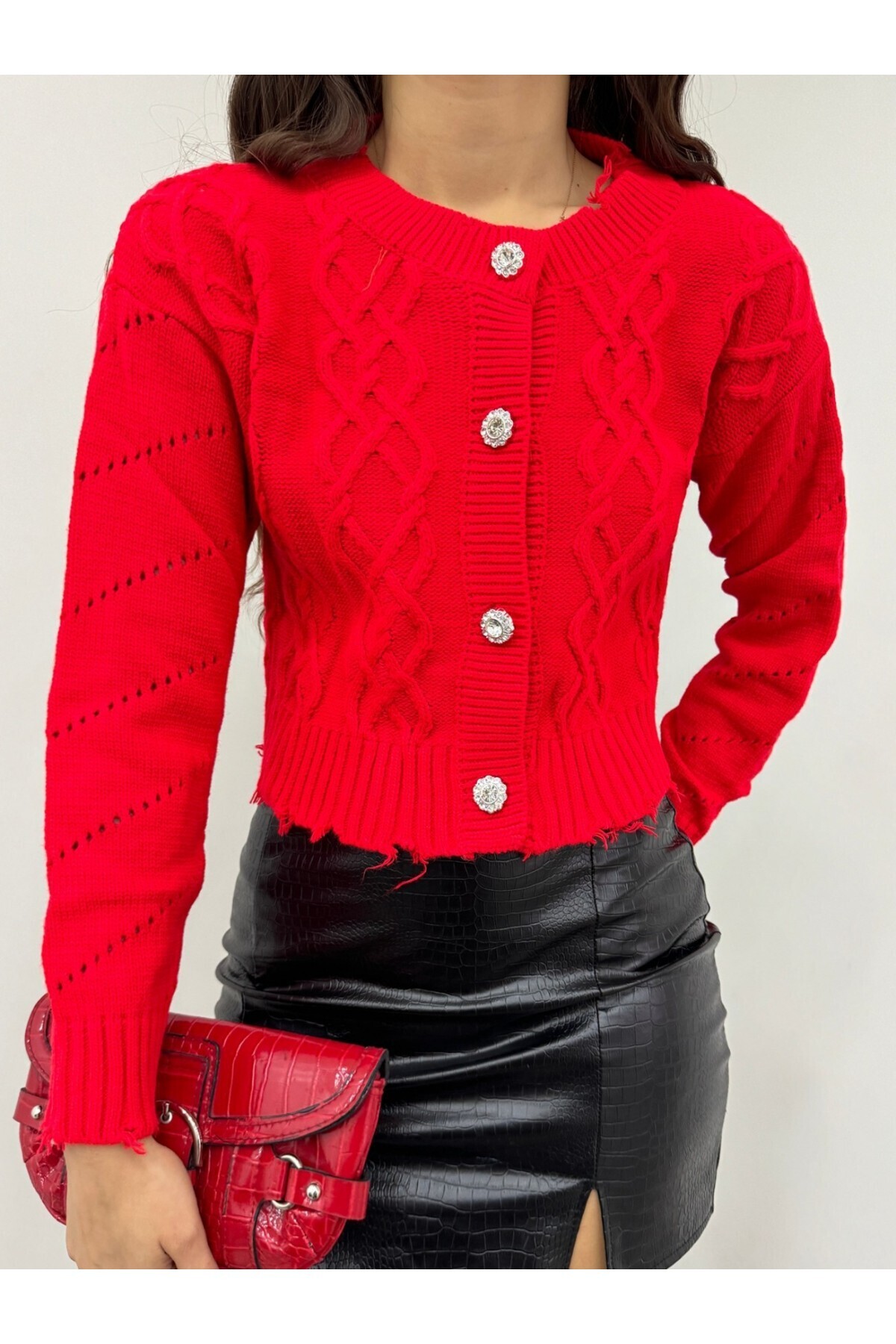 Modamorfo-Zerrissene Crop-Strickjacke mit Steinknöpfen – Granatapfelblume 6
