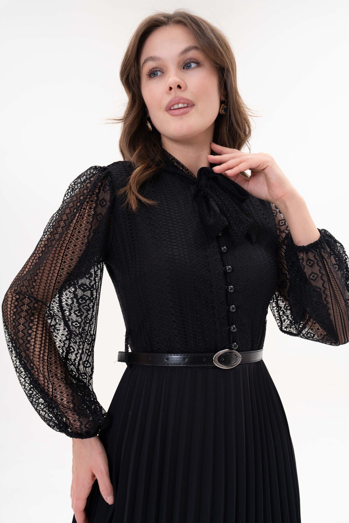 WOMAN VISION-Damen Design Plissee Langarm Spitze Schwarz Kleid mit Gürtel Geschenk 57834 2