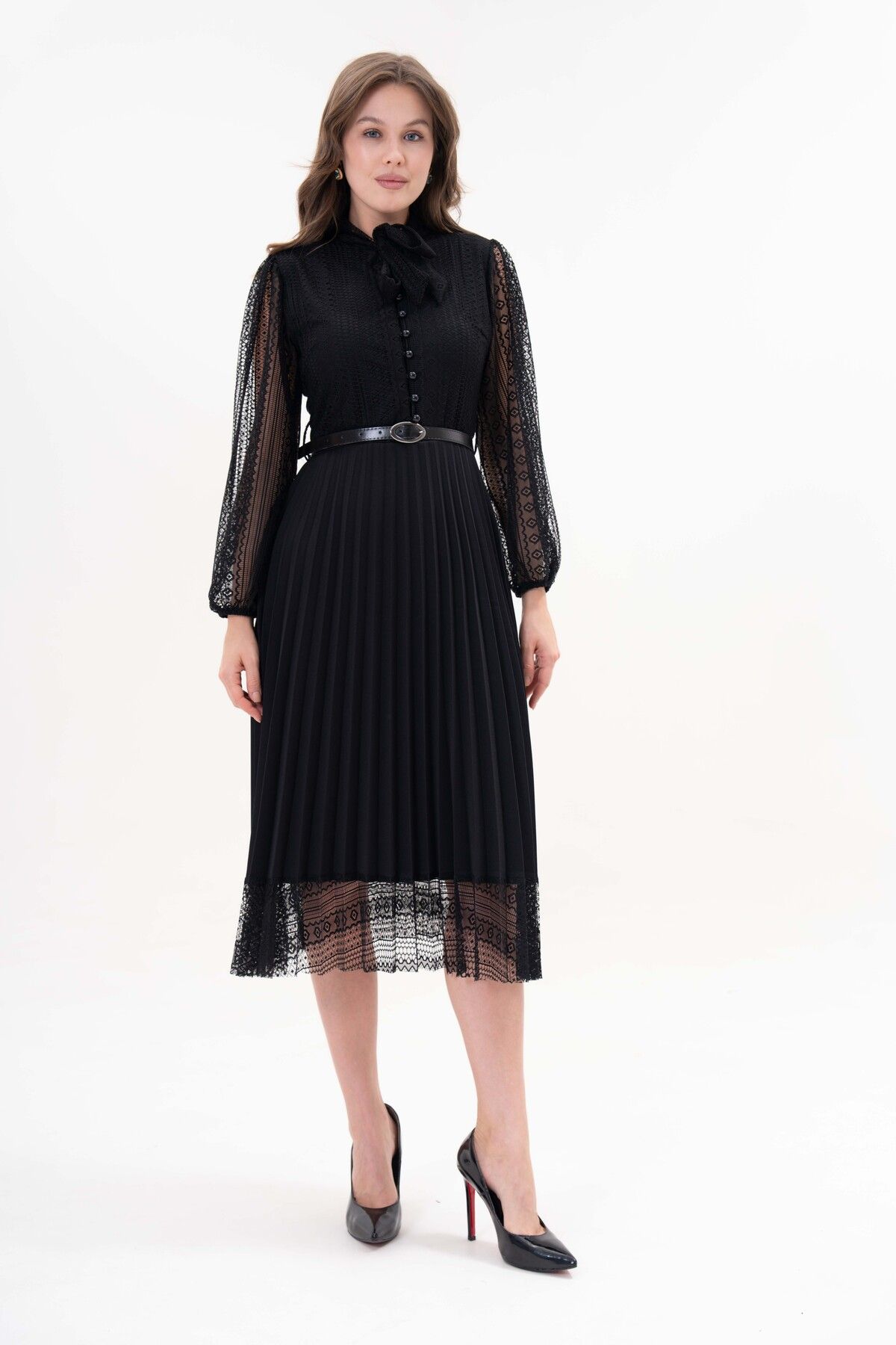 WOMAN VISION-Damen Design Plissee Langarm Spitze Schwarz Kleid mit Gürtel Geschenk 57834 7